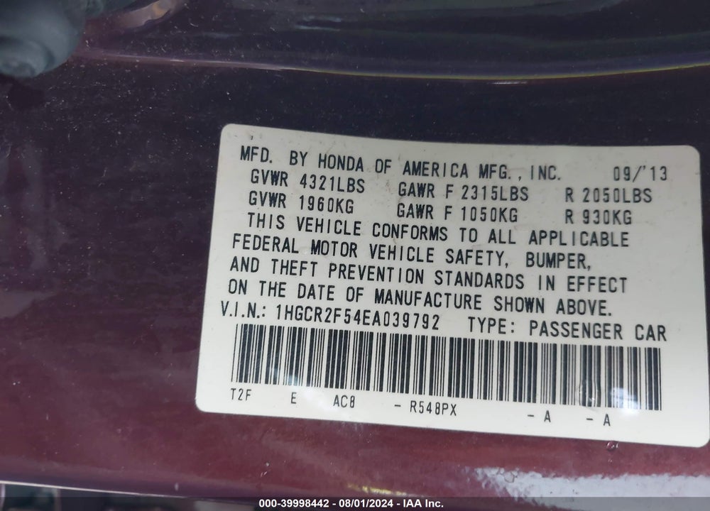 2014 HONDA ACCORD SPORT VIN: 1HGCR2F54EA039792
