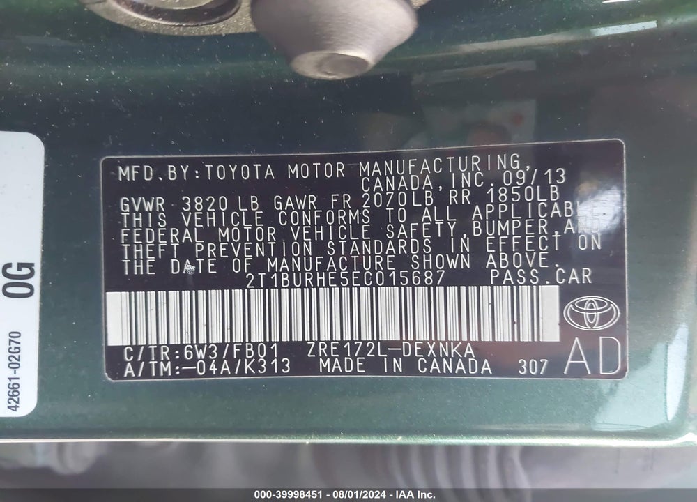 2014 TOYOTA COROLLA LE VIN: 2T1BURHE5EC015687