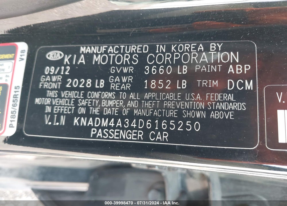 2013 KIA RIO LX VIN: KNADM4A34D6165250