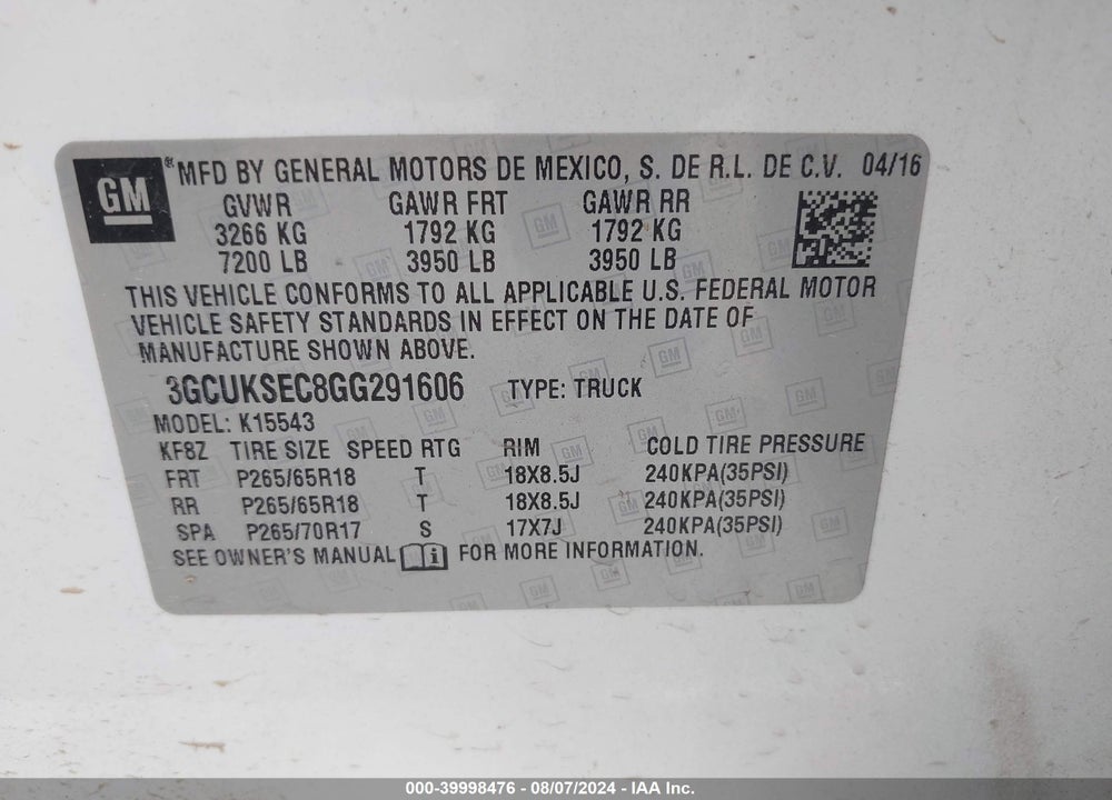 2016 CHEVROLET SILVERADO 1500 2LZ VIN: 3GCUKSEC8GG291606