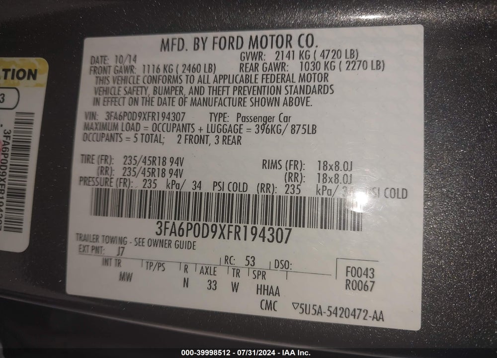 2015 FORD FUSION VIN: 3FA6P0D9XFR194307