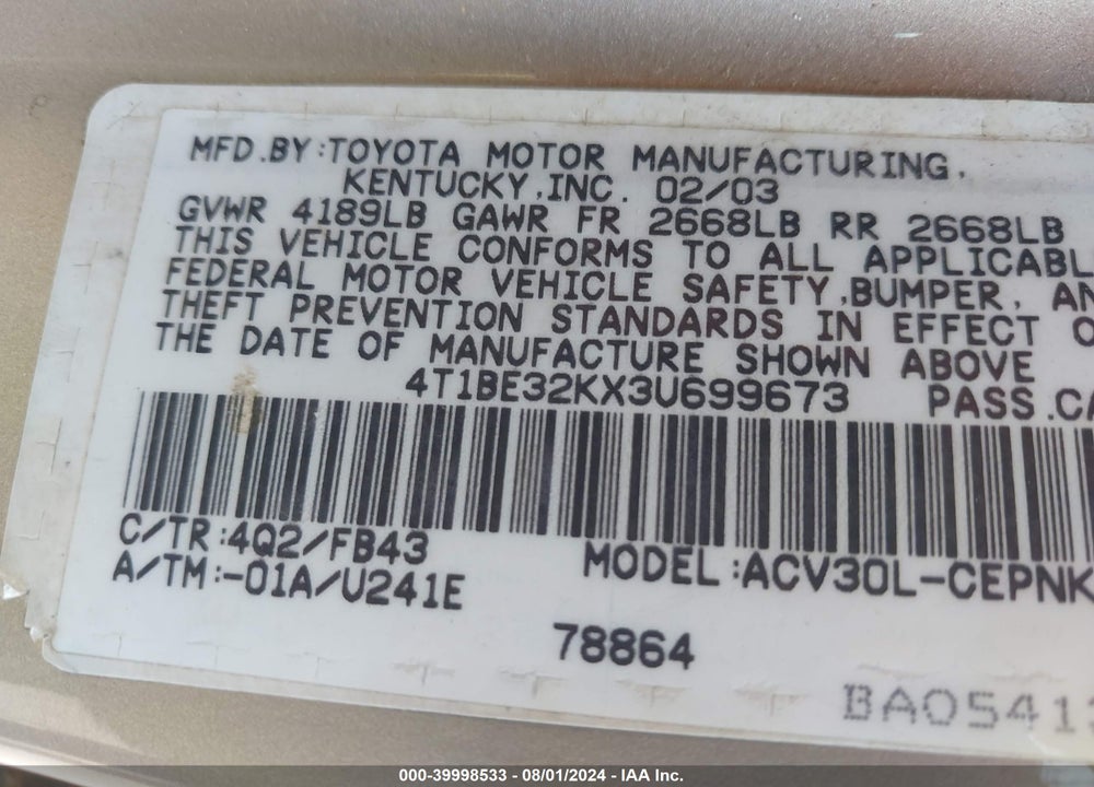 2003 TOYOTA CAMRY LE VIN: 4T1BE32KX3U699673