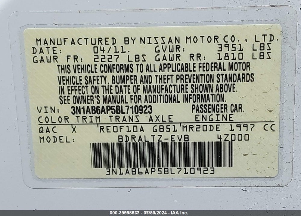 2011 NISSAN SENTRA 2.0S VIN: 3N1AB6AP5BL710923