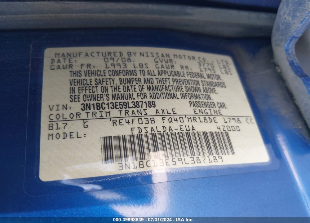 2009 NISSAN VERSA 1.8S VIN: 3N1BC13E59L387189