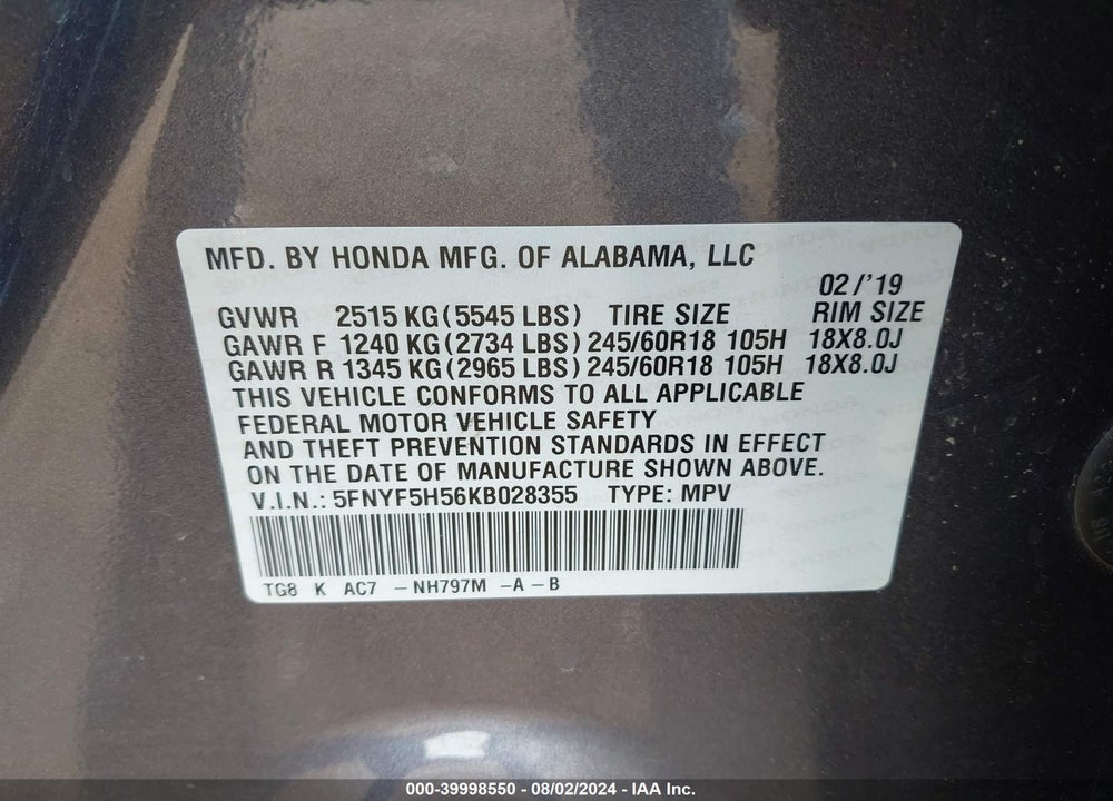 2019 HONDA PILOT EX-L VIN: 5FNYF5H56KB028355