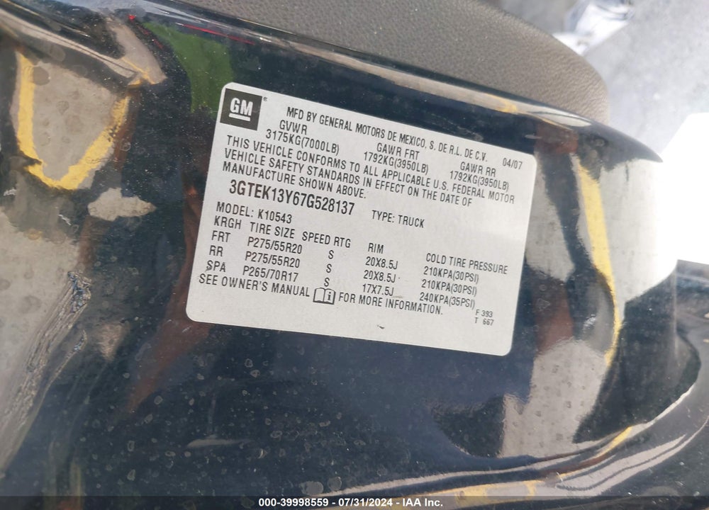 2007 GMC SIERRA 1500 SLT VIN: 3GTEK13Y67G528137