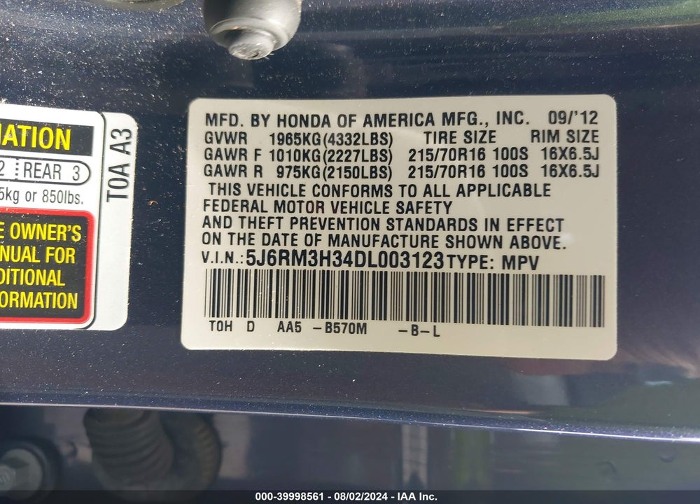 2013 HONDA CR-V LX VIN: 5J6RM3H34DL003123