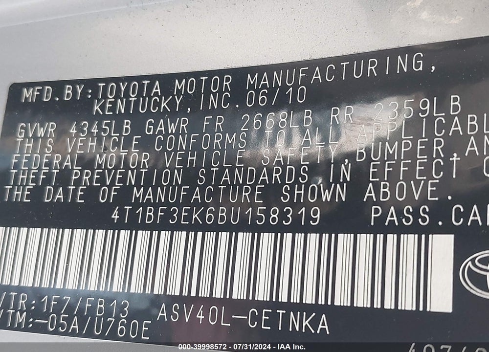 2011 TOYOTA CAMRY LE VIN: 4T1BF3EK6BU158319