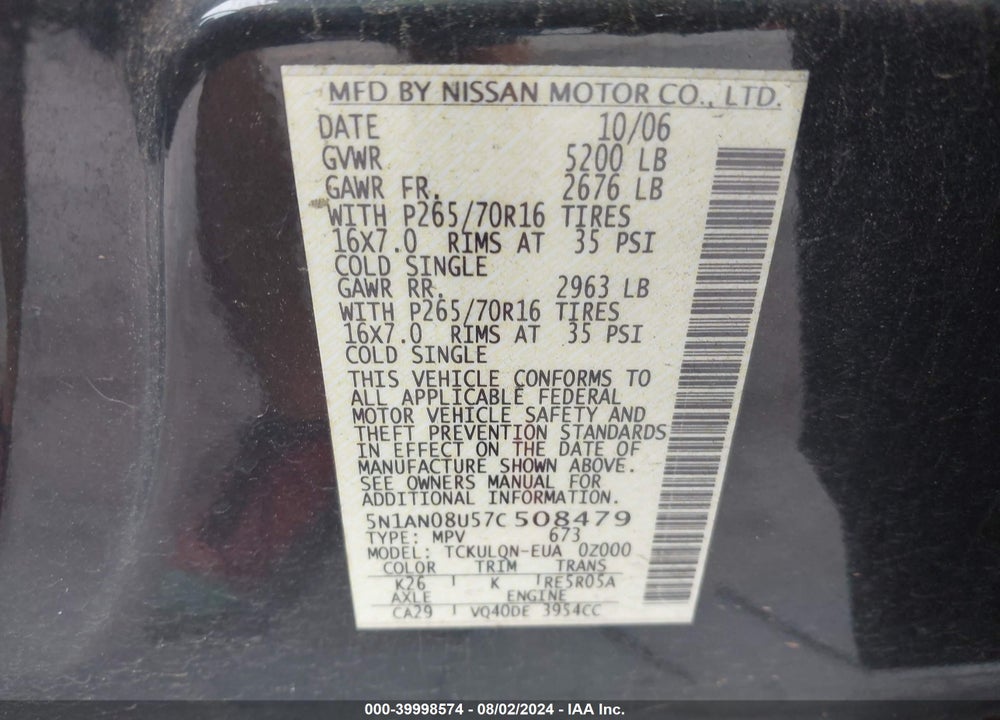 2007 NISSAN XTERRA X VIN: 5N1AN08U57C508479