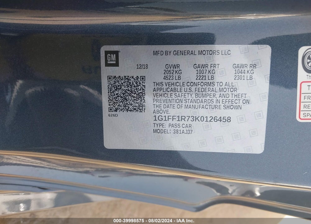 2019 CHEVROLET CAMARO VIN: 1G1FF1R73K0126458