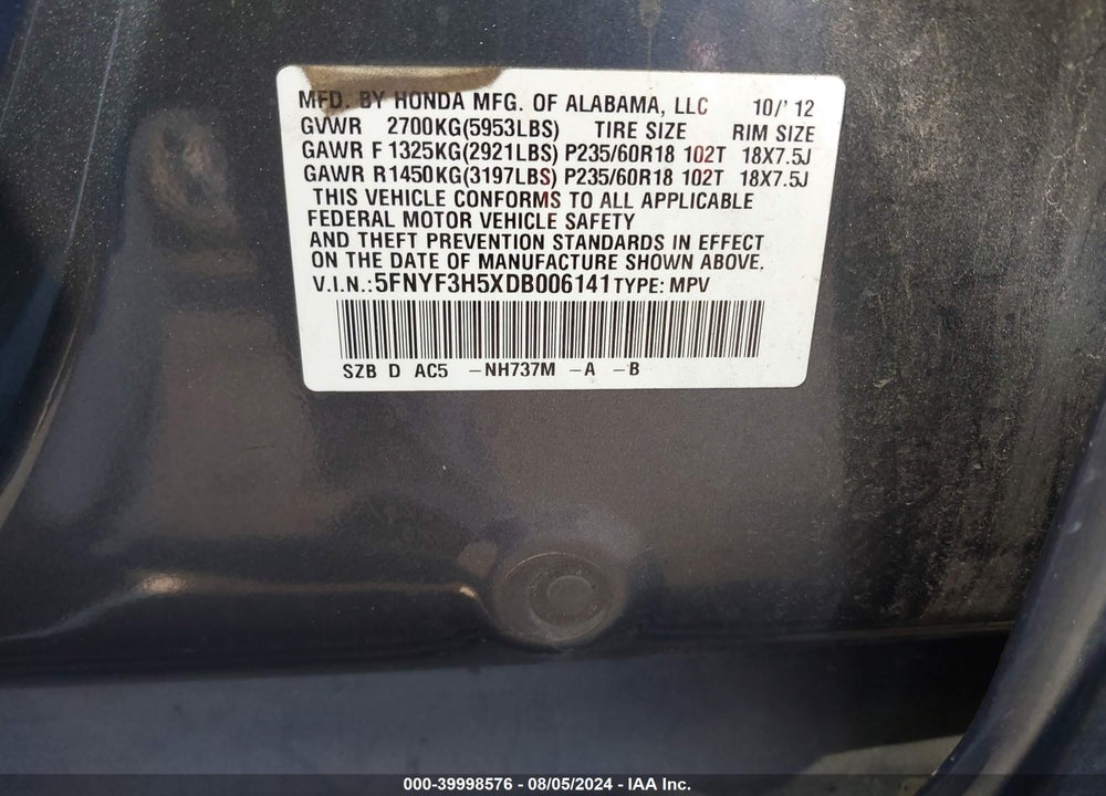 2013 HONDA PILOT EX-L VIN: 5FNYF3H5XDB006141