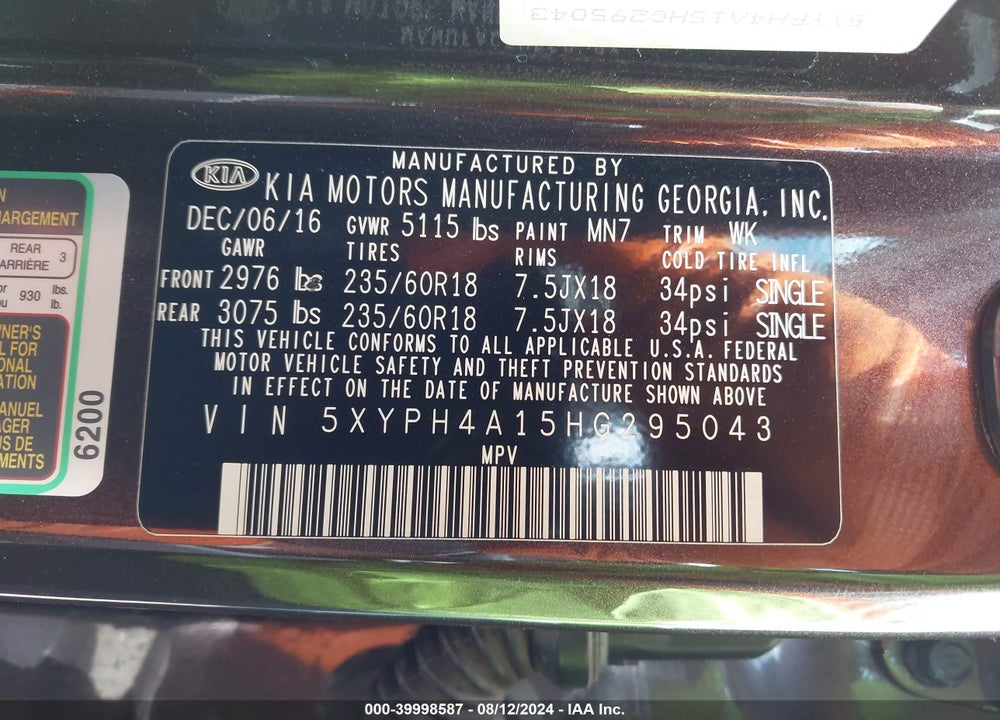 2017 KIA SORENTO 2.0T EX VIN: 5XYPH4A15HG295043