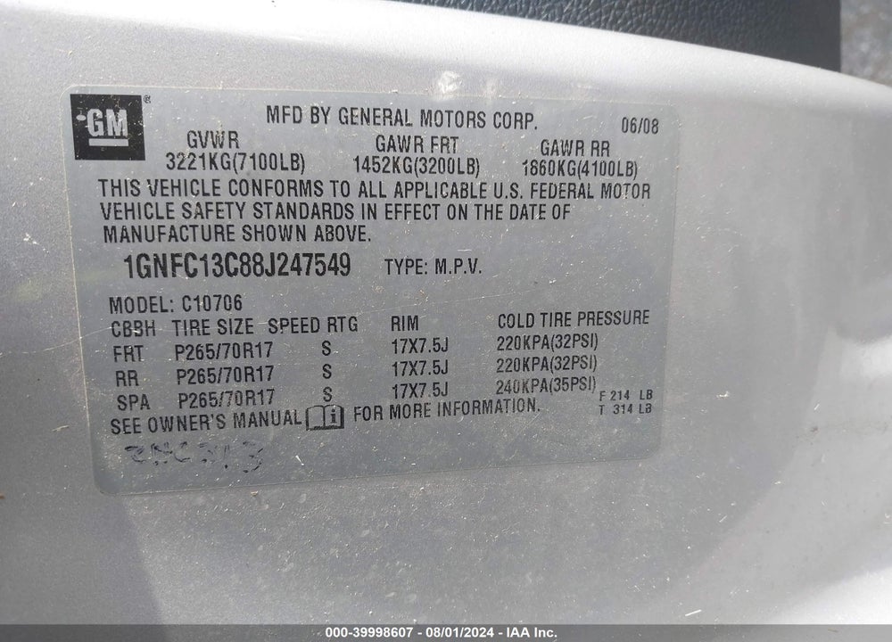 2008 CHEVROLET TAHOE LS VIN: 1GNFC13C88J247549