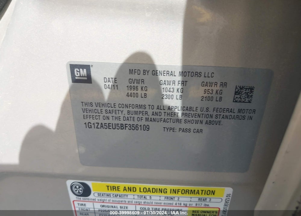 2011 CHEVROLET MALIBU LS VIN: 1G1ZA5EU5BF356109