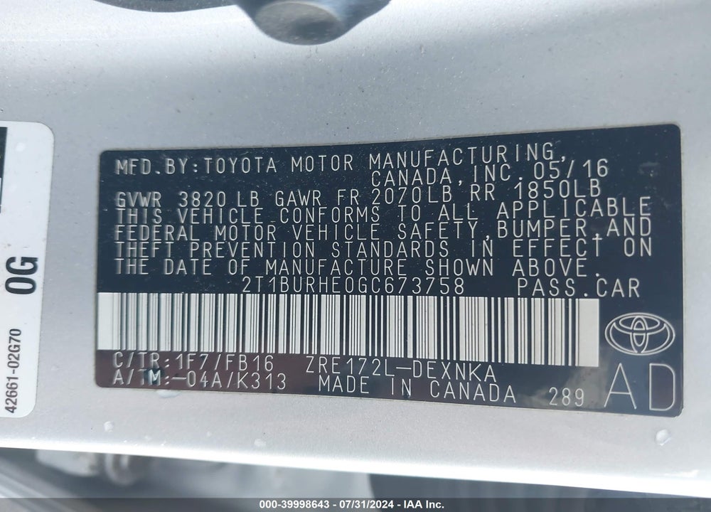 2016 TOYOTA COROLLA LE VIN: 2T1BURHE0GC673758