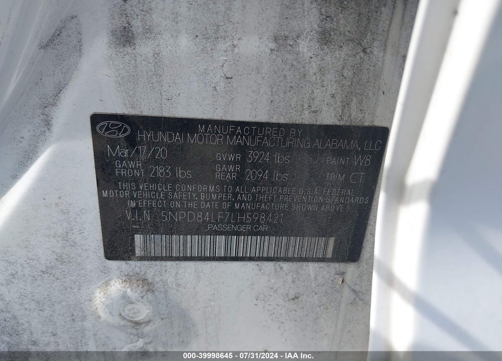 2020 HYUNDAI ELANTRA VALUE EDITION VIN: 5NPD84LF7LH598421