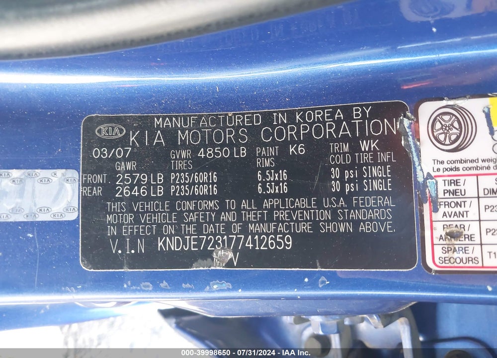 2007 KIA SPORTAGE LX V6 VIN: KNDJE723177412659