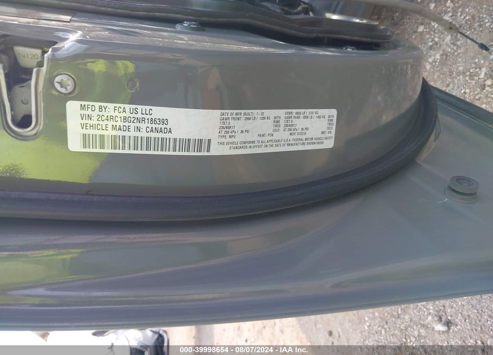 2022 CHRYSLER PACIFICA TOURING L VIN: 2C4RC1BG2NR186393