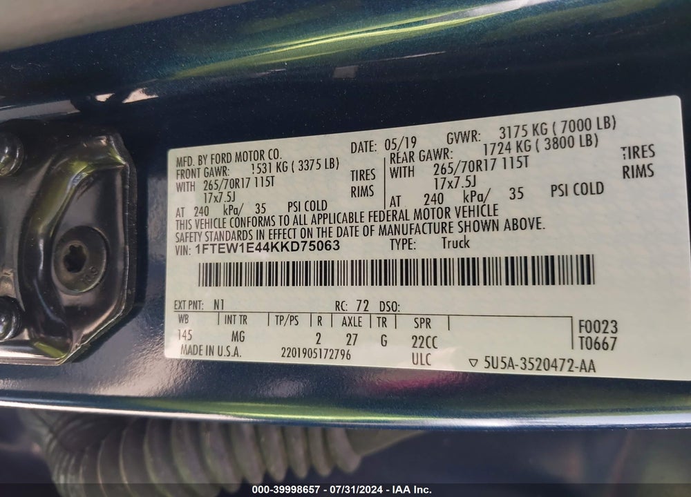 2019 FORD F-150 XLT VIN: 1FTEW1E44KKD75063