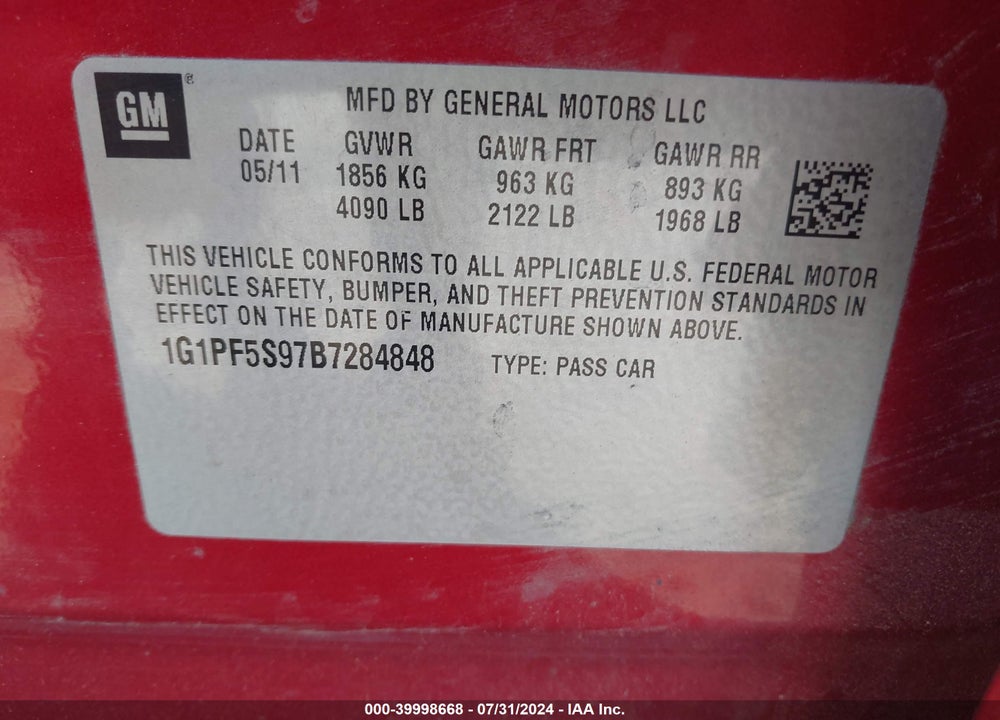 2011 CHEVROLET CRUZE 1LT VIN: 1G1PF5S97B7284848