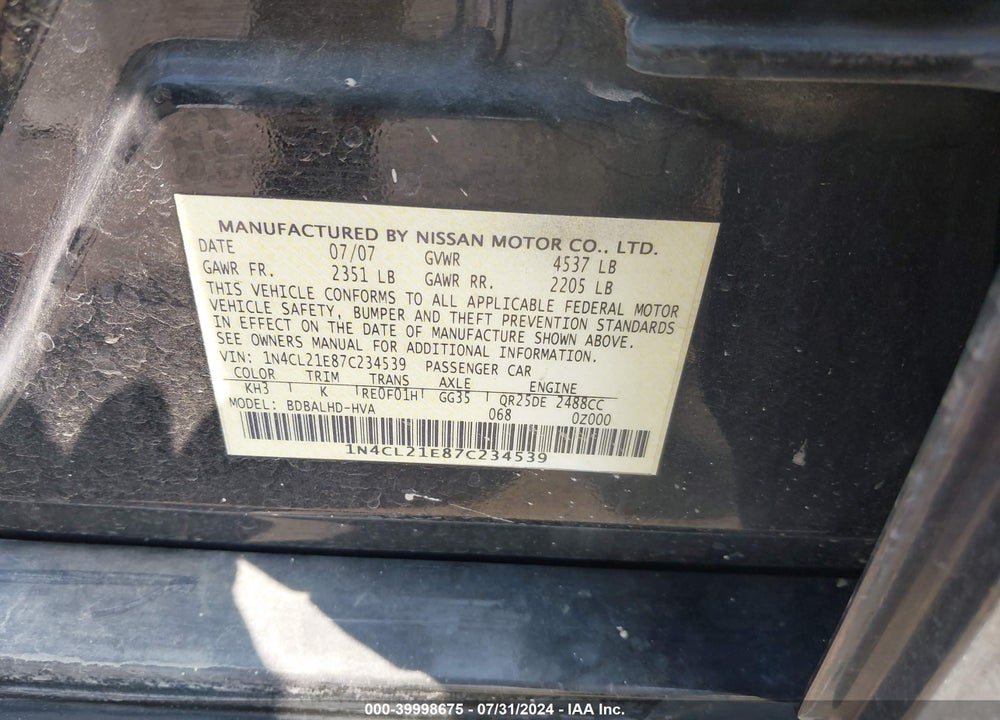 2007 NISSAN ALTIMA HYBRID VIN: 1N4CL21E87C234539