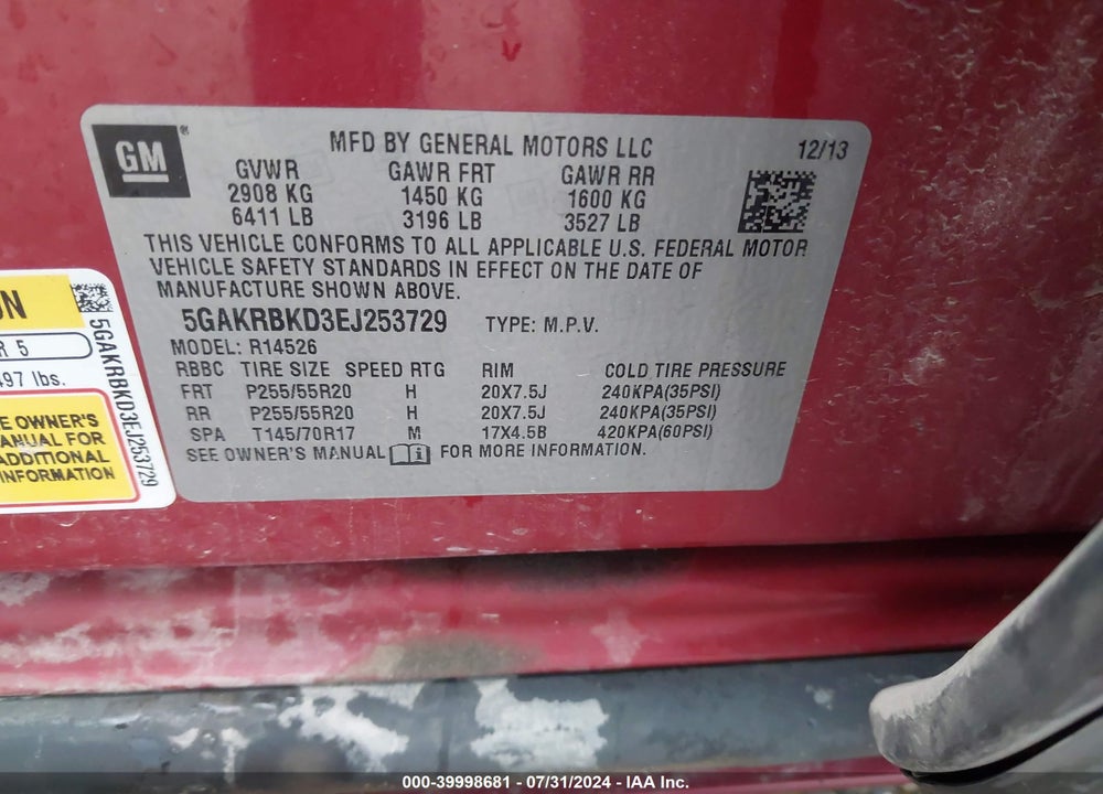 2014 BUICK ENCLAVE LEATHER VIN: 5GAKRBKD3EJ253729