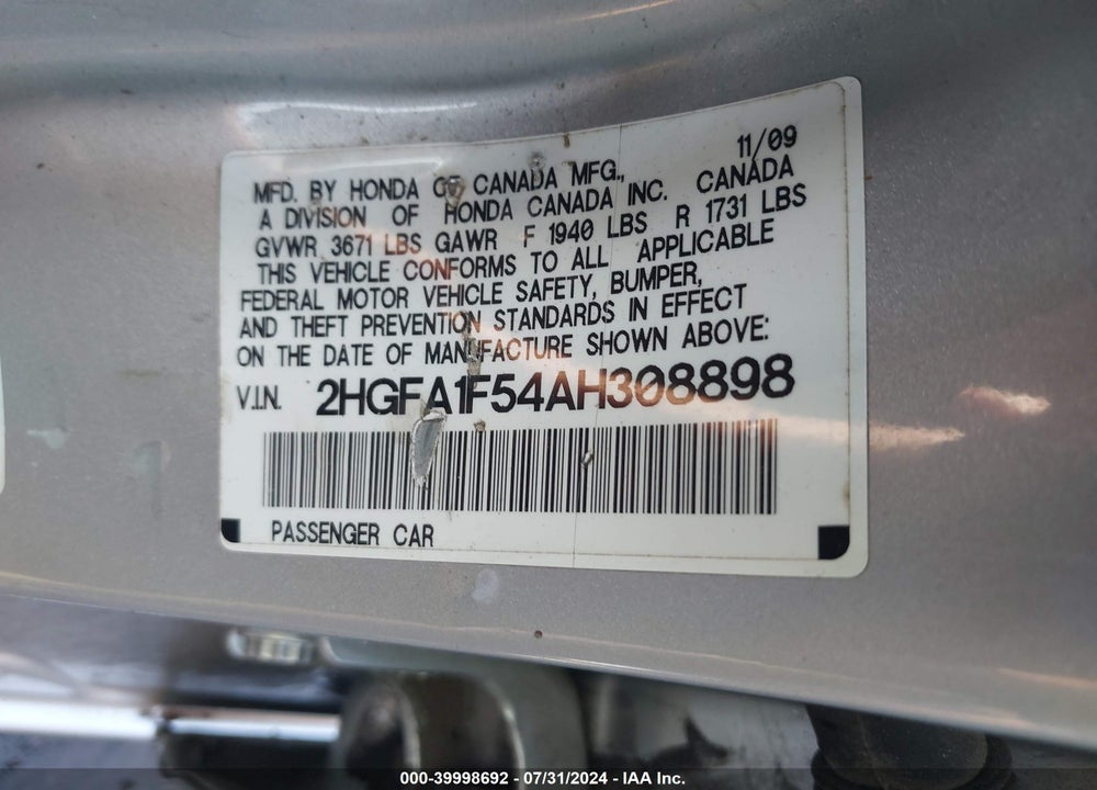 2010 HONDA CIVIC LX VIN: 2HGFA1F54AH308898