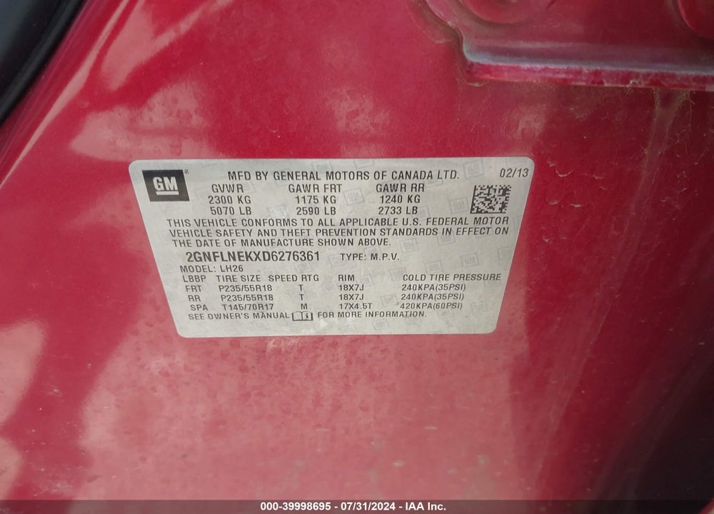 2013 CHEVROLET EQUINOX 2LT VIN: 2GNFLNEKXD6276361