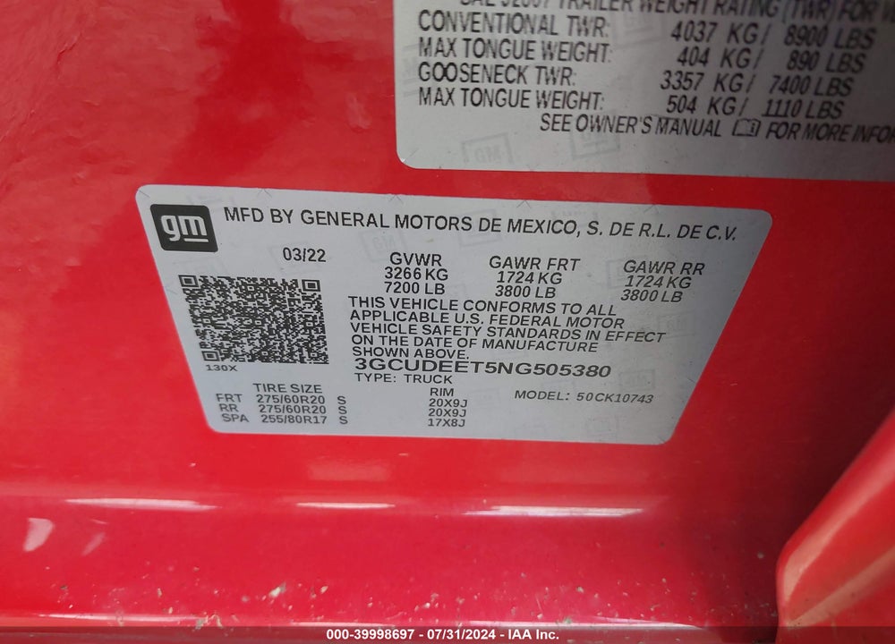 2022 CHEVROLET SILVERADO 1500 4WD STANDARD BED RST VIN: 3GCUDEET5NG505380