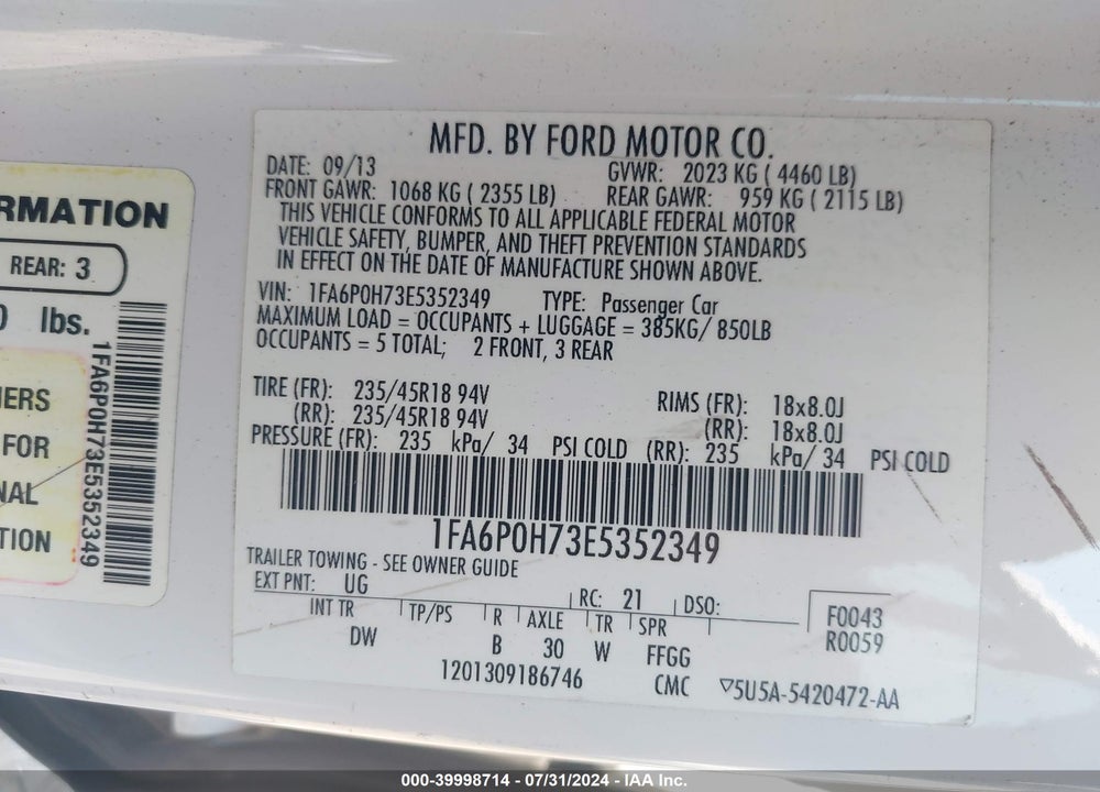 2014 FORD FUSION SE VIN: 1FA6P0H73E5352349