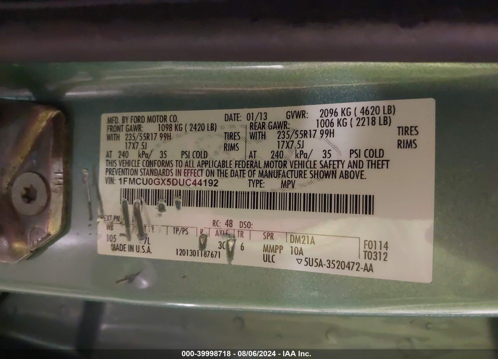 2013 FORD ESCAPE SE VIN: 1FMCU0GX5DUC44192