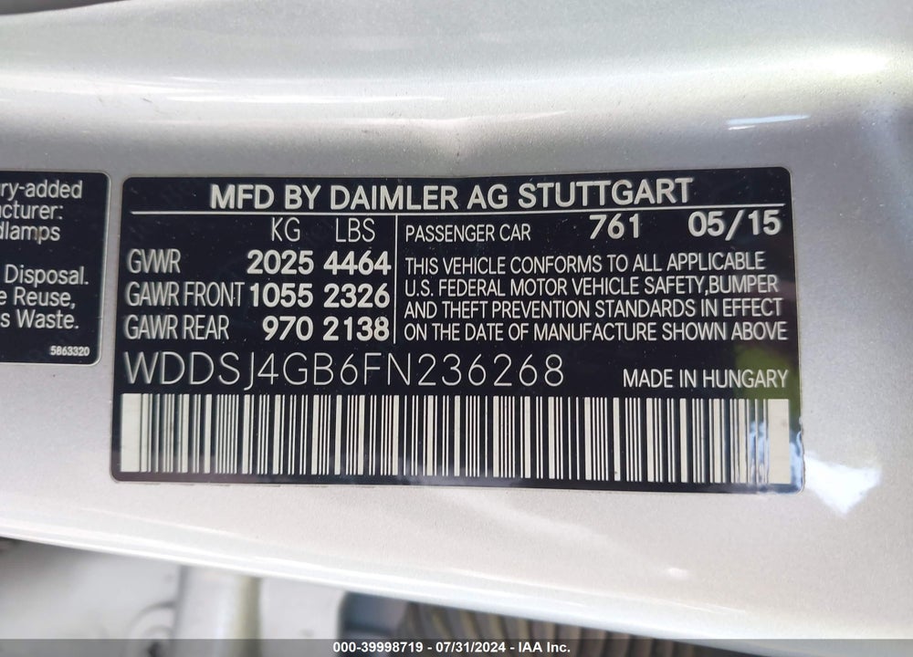 2015 MERCEDES-BENZ CLA 250 4MATIC VIN: WDDSJ4GB6FN236268