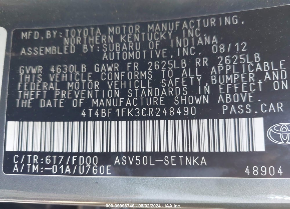 2012 TOYOTA CAMRY VIN: 4T4BF1FK3CR248490