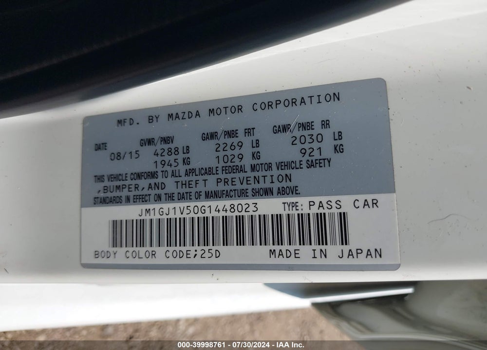 2016 MAZDA 6 I TOURING VIN: JM1GJ1V50G1448023