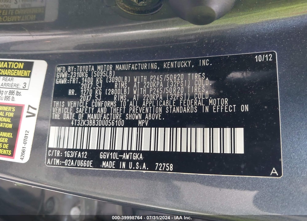 2013 TOYOTA VENZA LE V6 VIN: 4T3ZK3BB3DU056100