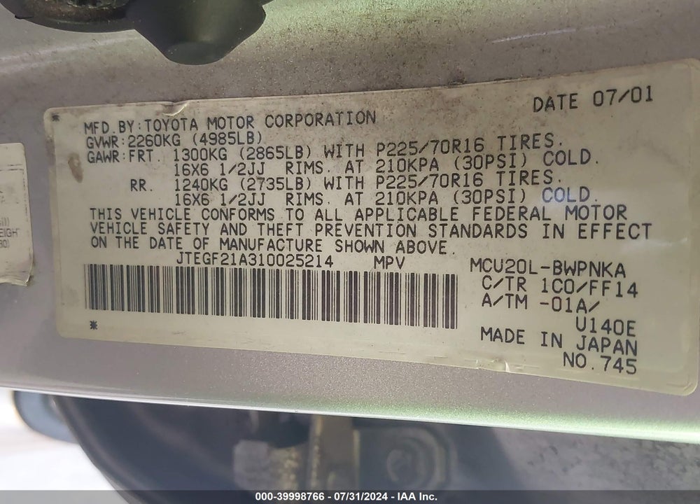 2001 TOYOTA HIGHLANDER V6 VIN: JTEGF21A310025214