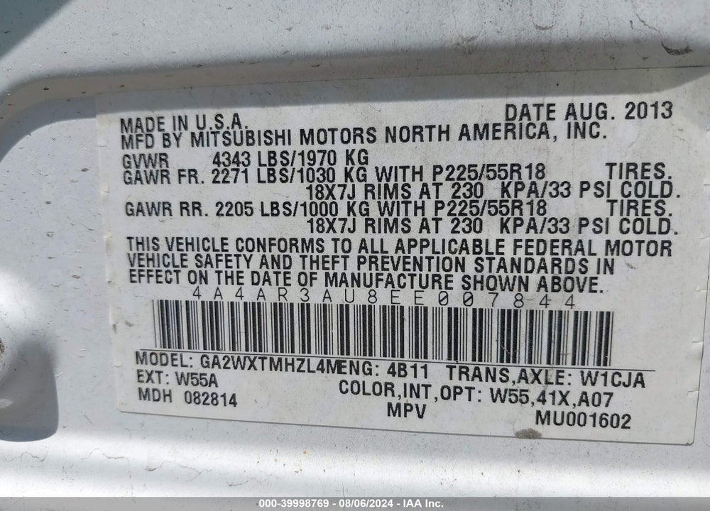 2014 MITSUBISHI OUTLANDER SPORT ES VIN: 4A4AR3AU8EE007844