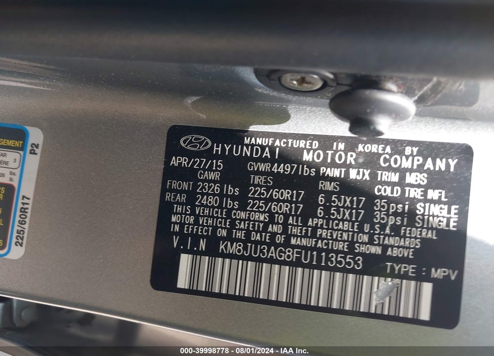 2015 HYUNDAI TUCSON SE VIN: KM8JU3AG8FU113553