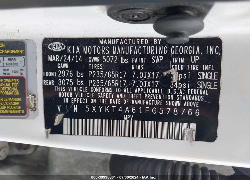 2015 KIA SORENTO LX VIN: 5XYKT4A61FG578766