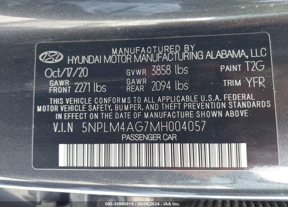 2021 HYUNDAI ELANTRA SEL VIN: 5NPLM4AG7MH004057