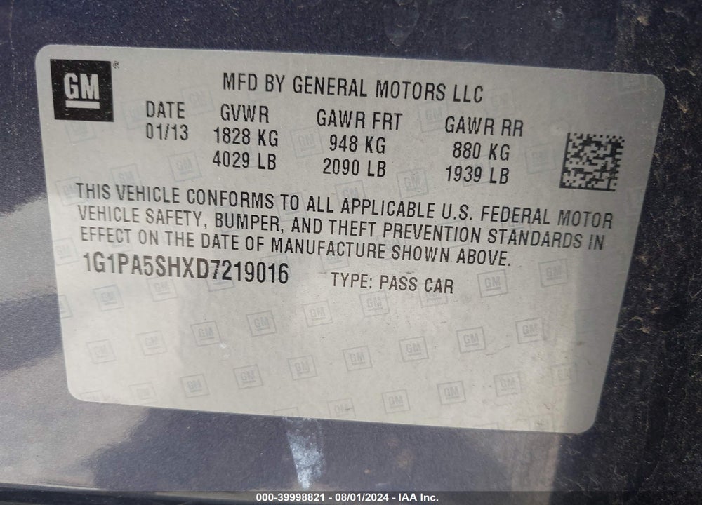 2013 CHEVROLET CRUZE LS AUTO VIN: 1G1PA5SHXD7219016