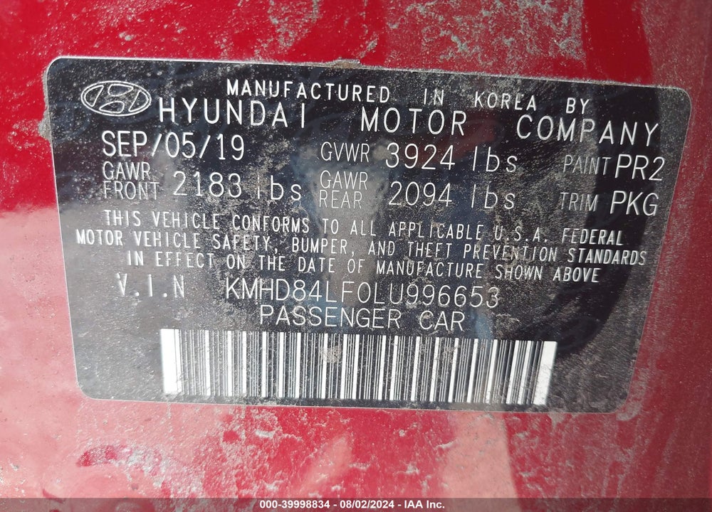2020 HYUNDAI ELANTRA SEL VIN: KMHD84LF0LU996653