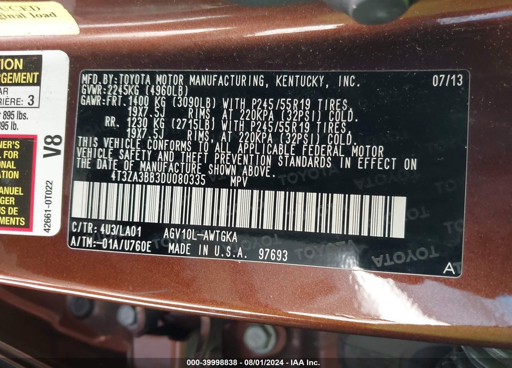 2013 TOYOTA VENZA XLE VIN: 4T3ZA3BB3DU080335