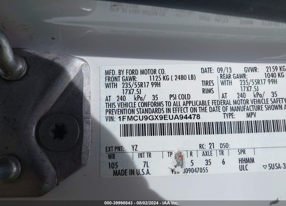 2014 FORD ESCAPE SE VIN: 1FMCU9GX9EUA94478