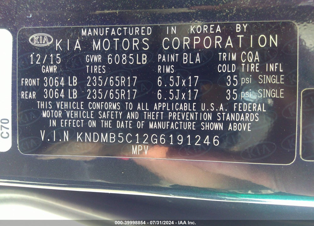 2016 KIA SEDONA LX VIN: KNDMB5C12G6191246