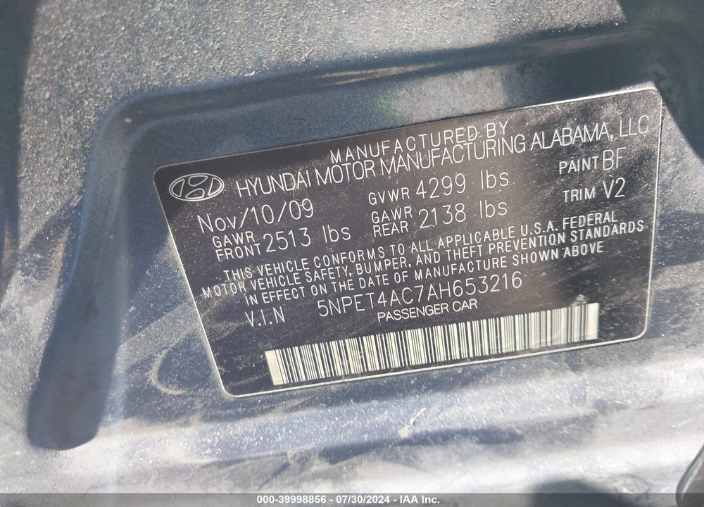 2010 HYUNDAI SONATA GLS VIN: 5NPET4AC7AH653216