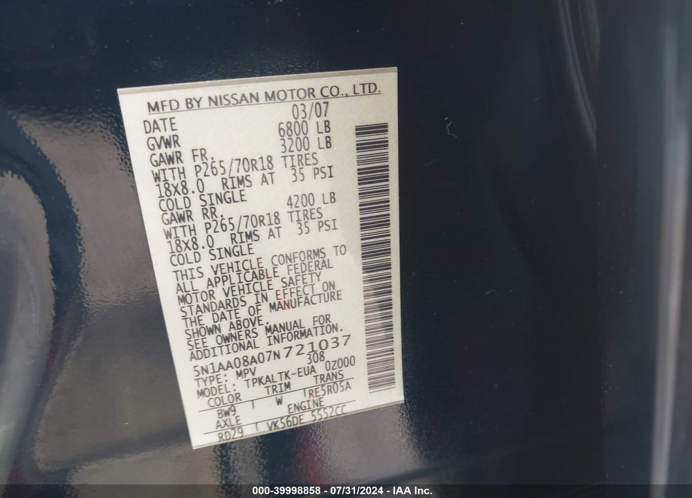2007 NISSAN ARMADA SE VIN: 5N1AA08A07N721037