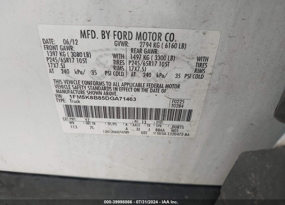 2013 FORD EXPLORER VIN: 1FM5K8B85DGA71463
