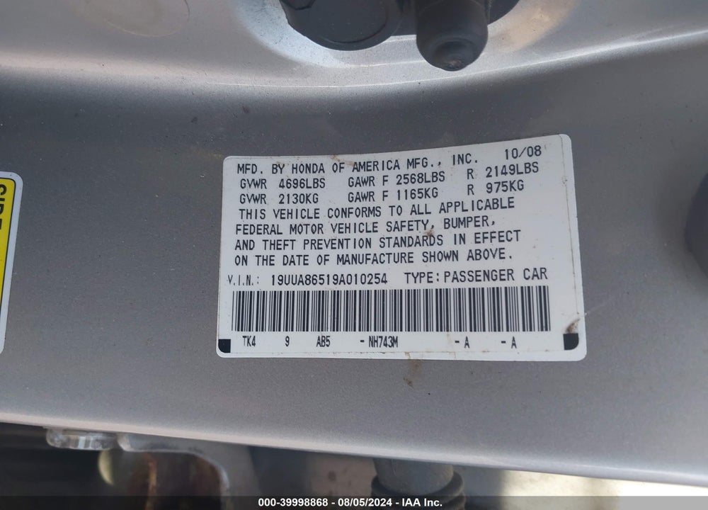 2009 ACURA TL 3.5 VIN: 19UUA86519A010254