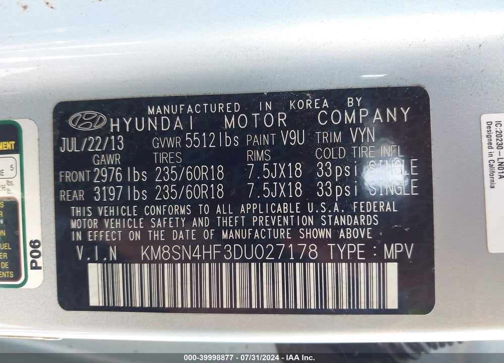 2013 HYUNDAI SANTA FE GLS VIN: KM8SN4HF3DU027178